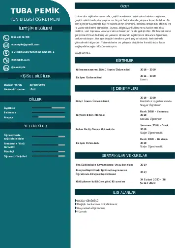 Fen Bilgisi Öğretmeni CV Örnekleri cv indir